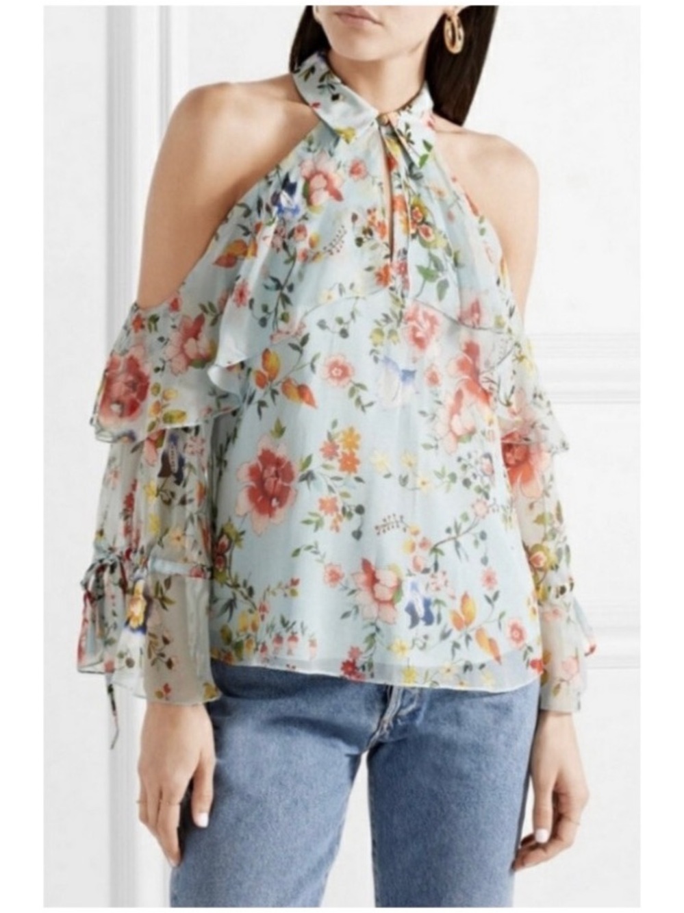 Alice + Olivia Women’s Sz L Blue Floral Silk Blouse Blayne Cold Shoulder Ruffle